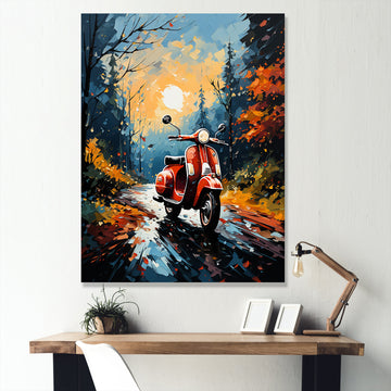Riding Scooter In The Country Autumn - Scooter Canvas Wall Art